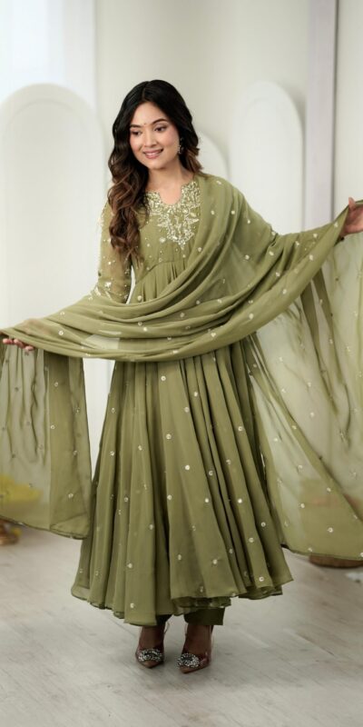 JF 056 Sage Green Faux Georgette Salwar Suit with Mirror Work & Embroidery Work. Get it for ₹2349. Delivery 4-6 Working Days. Shop now. | Jump Suits, Straight Suits, Casual Suits, Creative suits, Designer Suits, Palazzo Suits, Party Wear Suits, Patiala Suits, Salwar suit