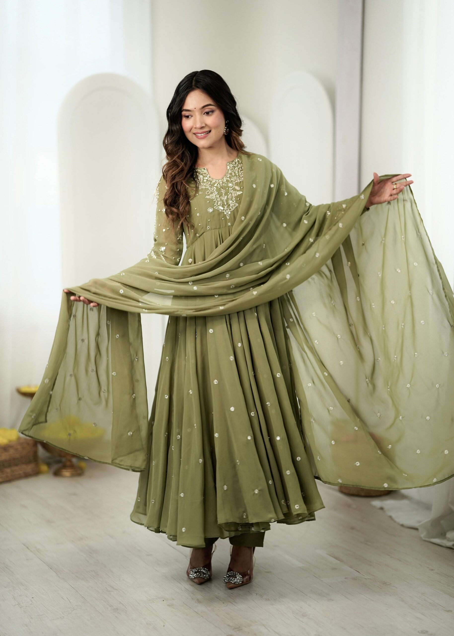 JF 056 Sage Green Faux Georgette Salwar Suit with Mirror Work & Embroidery Work. Get it for ₹2349. Delivery 4-6 Working Days. Shop now. | Jump Suits, Straight Suits, Casual Suits, Creative suits, Designer Suits, Palazzo Suits, Party Wear Suits, Patiala Suits, Salwar suit