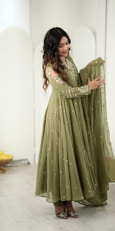 JF 056 Sage Green Faux Georgette Salwar Suit with Mirror Work & Embroidery Work. Get it for ₹2349. Delivery 4-6 Working Days. Shop now. | Jump Suits, Straight Suits, Casual Suits, Creative suits, Designer Suits, Palazzo Suits, Party Wear Suits, Patiala Suits, Salwar suit