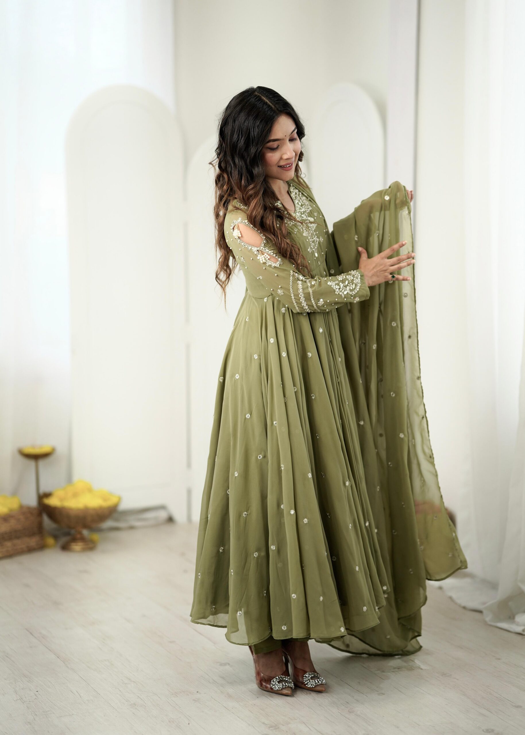 JF 056 Sage Green Faux Georgette Salwar Suit with Mirror Work & Embroidery Work. Get it for ₹2349. Delivery 4-6 Working Days. Shop now. | Jump Suits, Straight Suits, Casual Suits, Creative suits, Designer Suits, Palazzo Suits, Party Wear Suits, Patiala Suits, Salwar suit