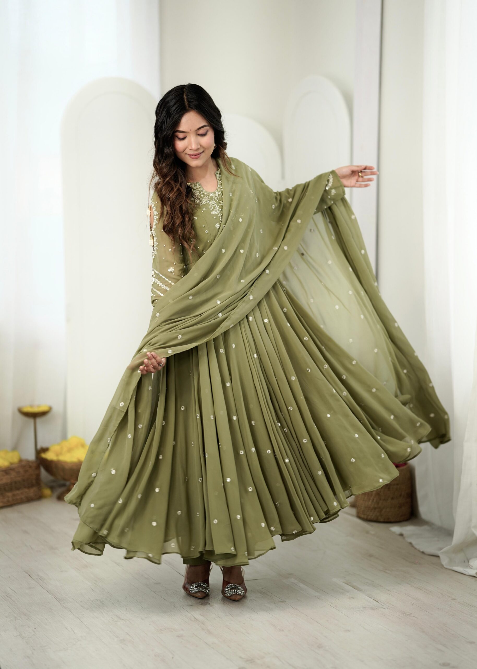 JF 056 Sage Green Faux Georgette Salwar Suit with Mirror Work & Embroidery Work. Get it for ₹2349. Delivery 4-6 Working Days. Shop now. | Jump Suits, Straight Suits, Casual Suits, Creative suits, Designer Suits, Palazzo Suits, Party Wear Suits, Patiala Suits, Salwar suit