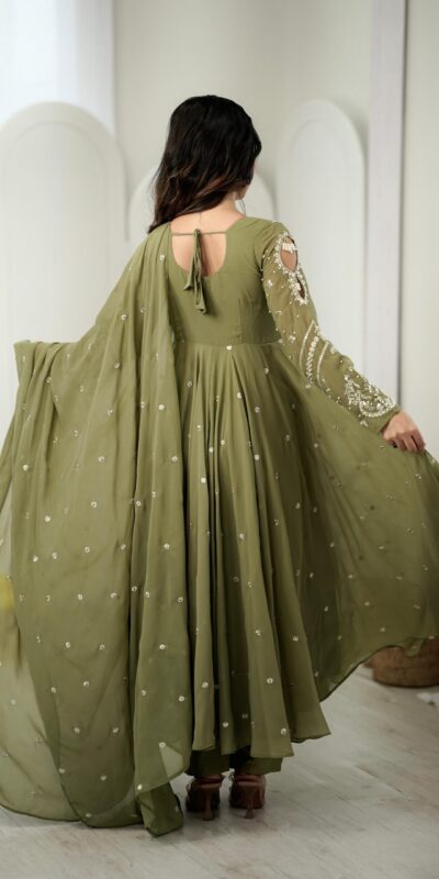 JF 056 Sage Green Faux Georgette Salwar Suit with Mirror Work & Embroidery Work. Get it for ₹2349. Delivery 4-6 Working Days. Shop now. | Jump Suits, Straight Suits, Casual Suits, Creative suits, Designer Suits, Palazzo Suits, Party Wear Suits, Patiala Suits, Salwar suit