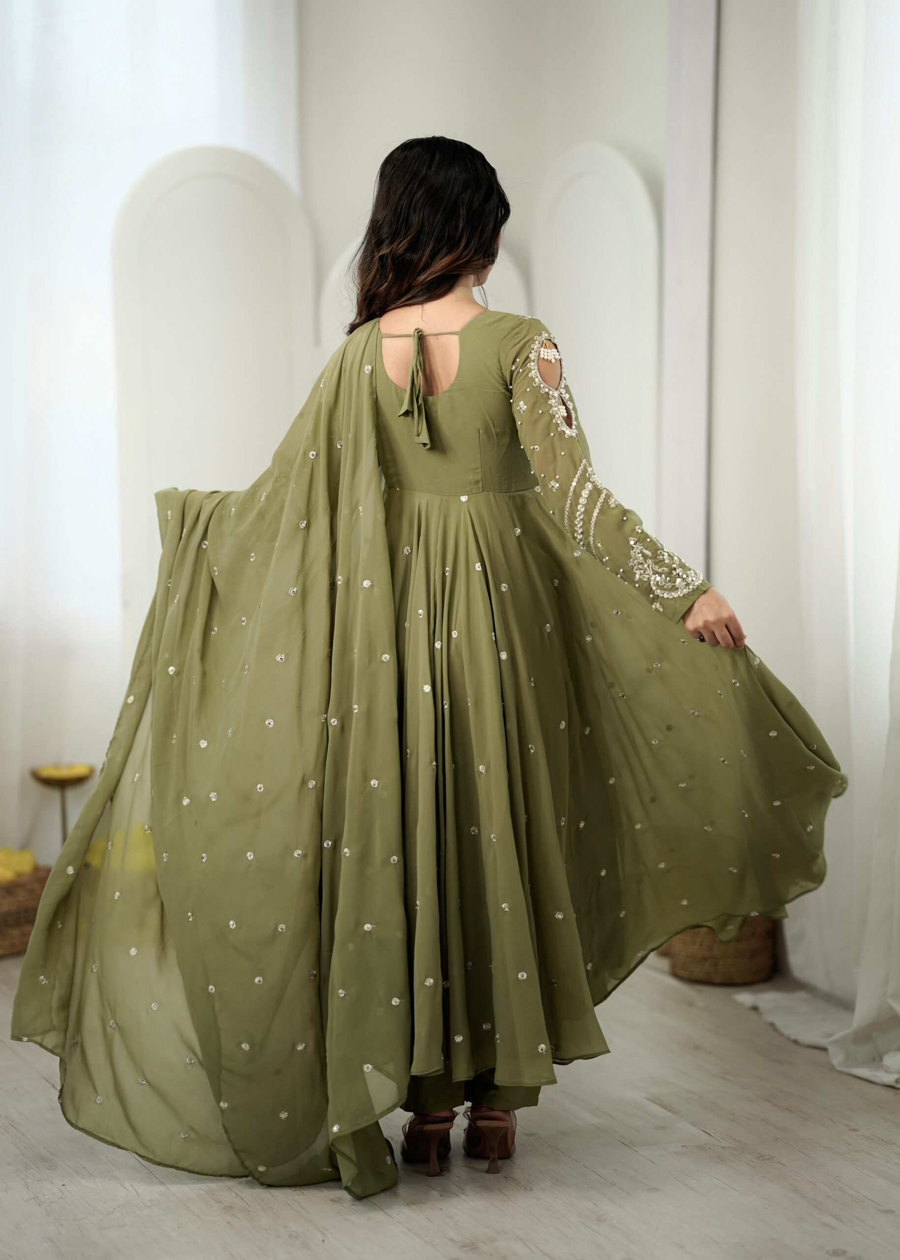 JF 056 Sage Green Faux Georgette Salwar Suit with Mirror Work & Embroidery Work. Get it for ₹2349. Delivery 4-6 Working Days. Shop now. | Jump Suits, Straight Suits, Casual Suits, Creative suits, Designer Suits, Palazzo Suits, Party Wear Suits, Patiala Suits, Salwar suit
