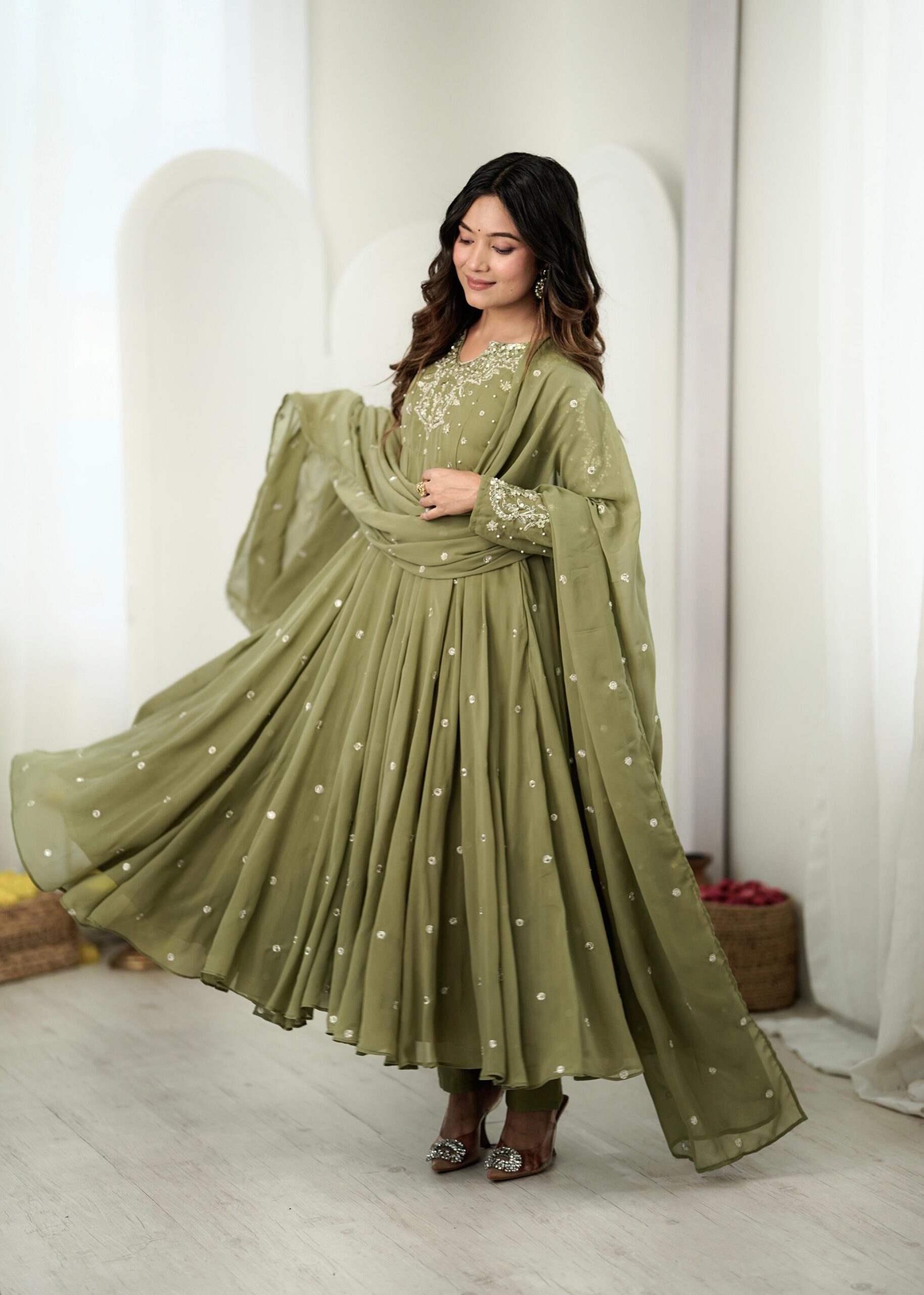 JF 056 Sage Green Faux Georgette Salwar Suit with Mirror Work & Embroidery Work. Get it for ₹2349. Delivery 4-6 Working Days. Shop now. | Jump Suits, Straight Suits, Casual Suits, Creative suits, Designer Suits, Palazzo Suits, Party Wear Suits, Patiala Suits, Salwar suit