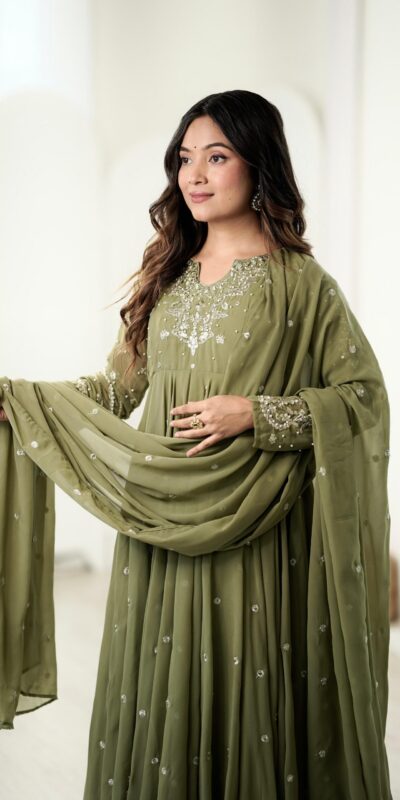 JF 056 Sage Green Faux Georgette Salwar Suit with Mirror Work & Embroidery Work. Get it for ₹2349. Delivery 4-6 Working Days. Shop now. | Jump Suits, Straight Suits, Casual Suits, Creative suits, Designer Suits, Palazzo Suits, Party Wear Suits, Patiala Suits, Salwar suit