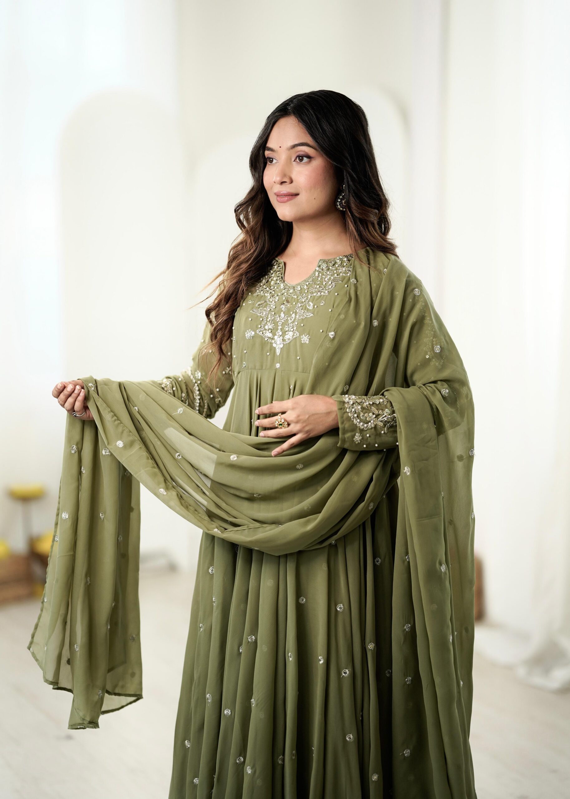 JF 056 Sage Green Faux Georgette Salwar Suit with Mirror Work & Embroidery Work. Get it for ₹2349. Delivery 4-6 Working Days. Shop now. | Jump Suits, Straight Suits, Casual Suits, Creative suits, Designer Suits, Palazzo Suits, Party Wear Suits, Patiala Suits, Salwar suit