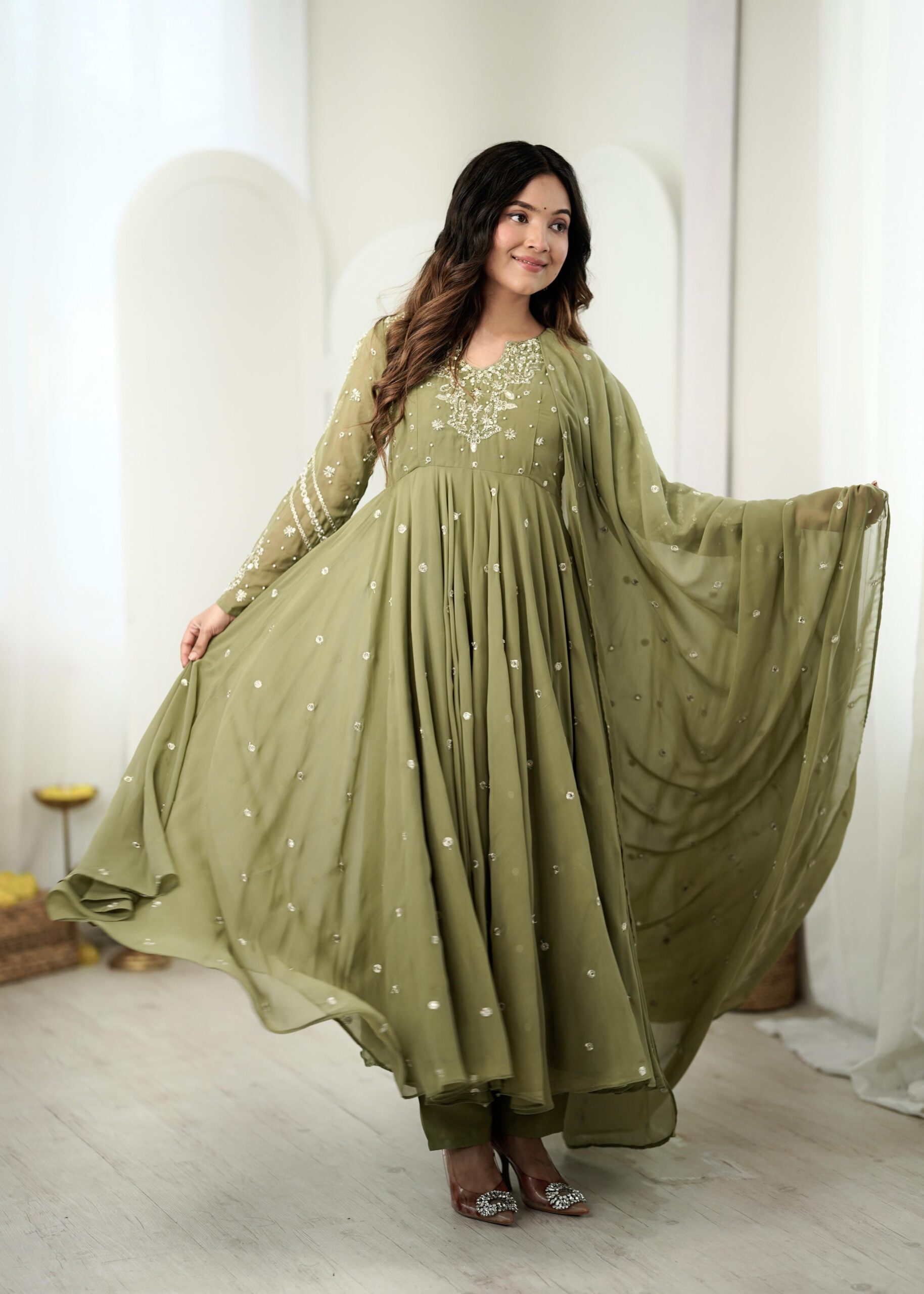 JF 056 Sage Green Faux Georgette Salwar Suit with Mirror Work & Embroidery Work. Get it for ₹2349. Delivery 4-6 Working Days. Shop now. | Jump Suits, Straight Suits, Casual Suits, Creative suits, Designer Suits, Palazzo Suits, Party Wear Suits, Patiala Suits, Salwar suit