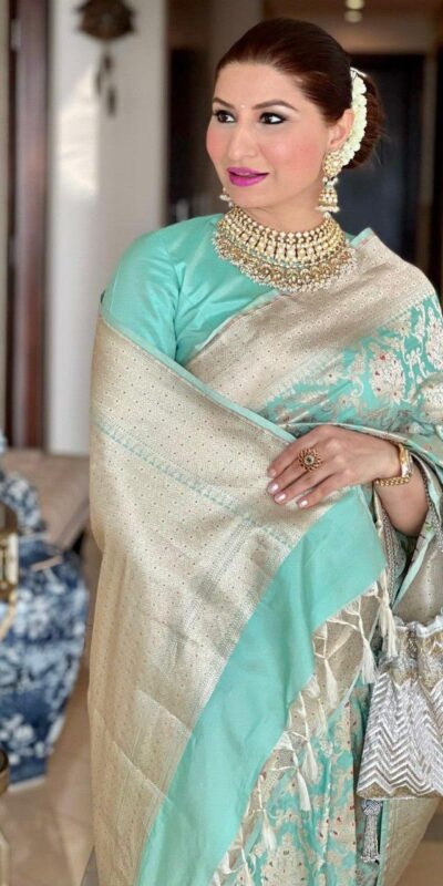KPR 242 Sea Green Soft Lichi Silk Saree with Lace Work & Lace Border. Introductory Price ₹1649. Delivery 4-6 Working Days. Shop now. | Bollywood Sarees, Creative Sarees, Designer Sarees, Embroidered Sarees, Ethnic Saree, Modern Digital sarees, Party Wear Sarees, Sarees