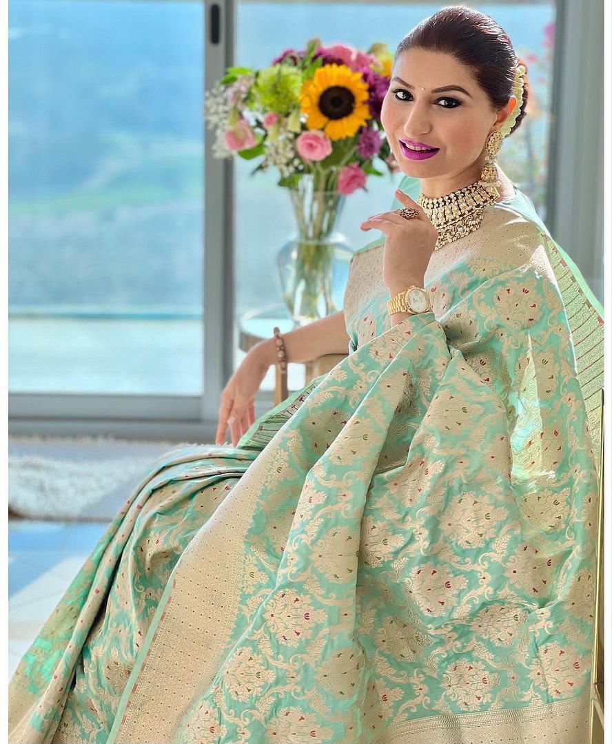 KPR 242 Sea Green Soft Lichi Silk Saree with Lace Work & Lace Border. Introductory Price ₹1649. Delivery 4-6 Working Days. Shop now. | Bollywood Sarees, Creative Sarees, Designer Sarees, Embroidered Sarees, Ethnic Saree, Modern Digital sarees, Party Wear Sarees, Sarees