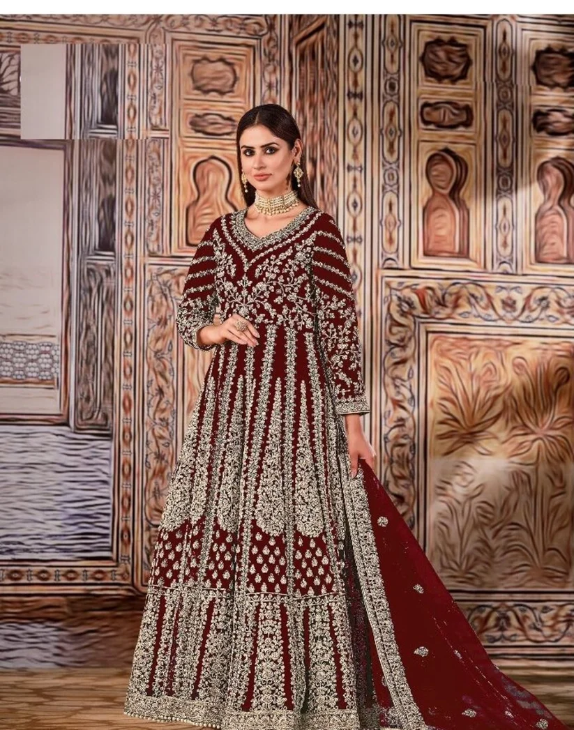 Super Maroon Butterfly Net Sequins Work Salwar Suit