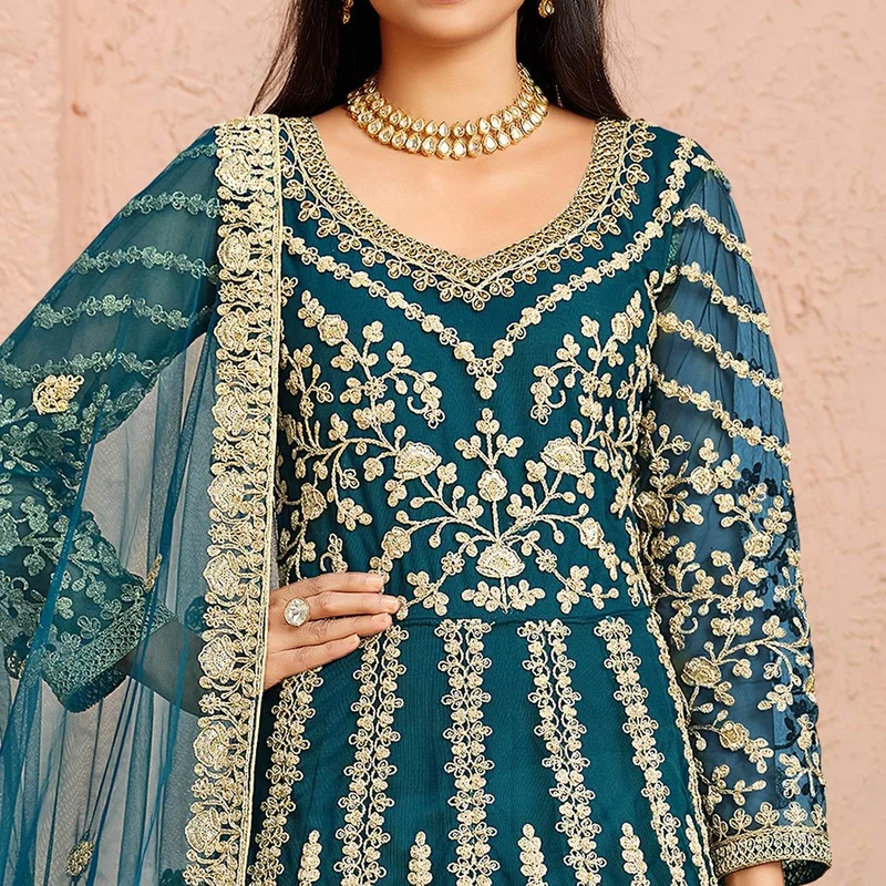 Super Teal Butterfly Net Sequins Work Salwar Suit - Image 4