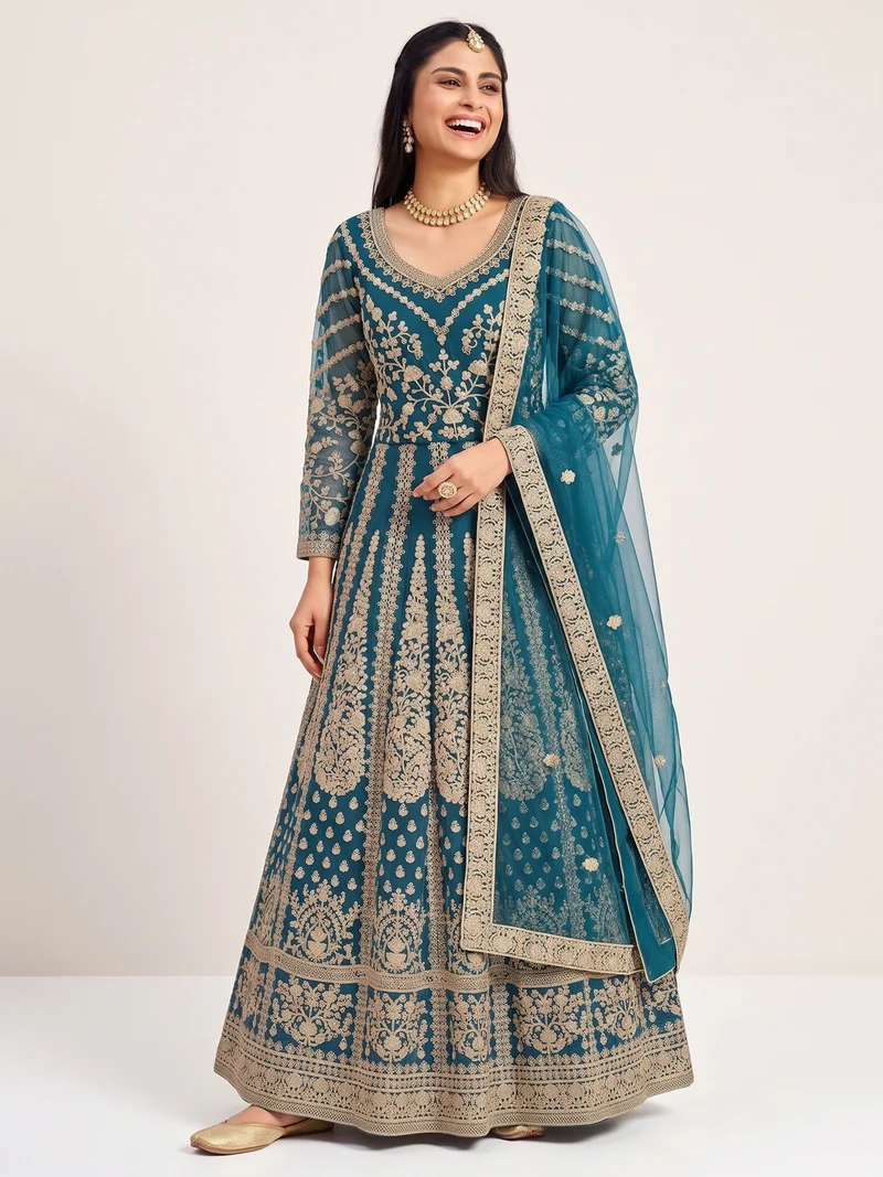 Super Teal Butterfly Net Sequins Work Salwar Suit - Image 3