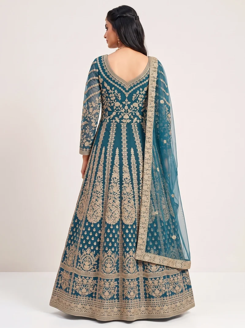 Super Teal Butterfly Net Sequins Work Salwar Suit - Image 5