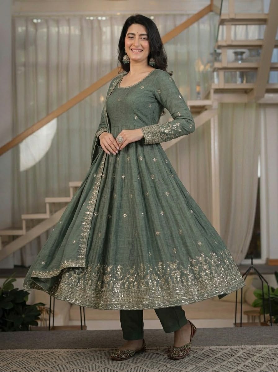 ND 5065 Grey Embroidery Work & Sequins Work Salwar Suit in Peach Crunchy Silk. Festive Deal ₹2449. Delivery 4-6 Working Days. Shop now. | Anarkali Suits, Bollywood Anarkali, Creative-Anarkali, Designer Anarkali, Embroidered Anarkali, Party Wear Anarkali