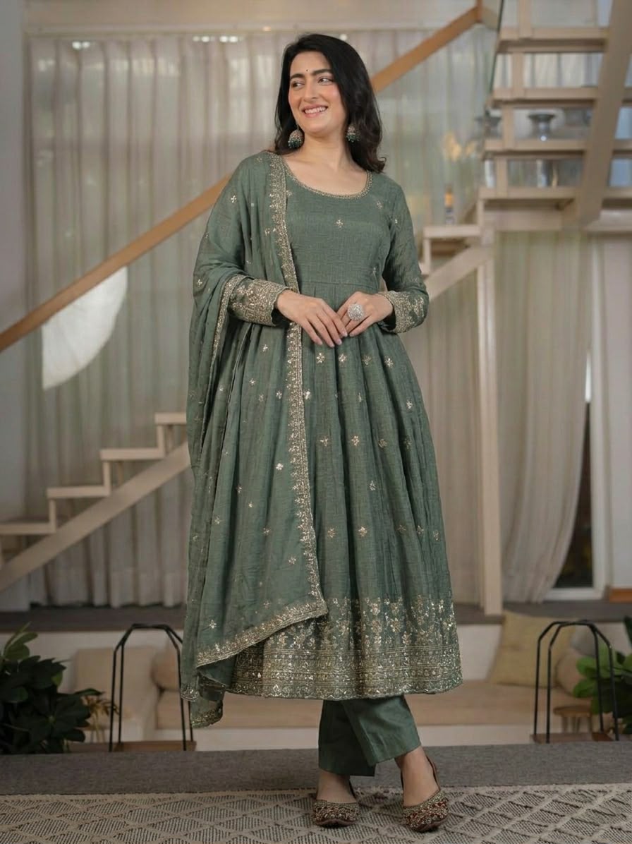 ND 5065 Grey Embroidery Work & Sequins Work Salwar Suit in Peach Crunchy Silk. Festive Deal ₹2449. Delivery 4-6 Working Days. Shop now. | Anarkali Suits, Bollywood Anarkali, Creative-Anarkali, Designer Anarkali, Embroidered Anarkali, Party Wear Anarkali