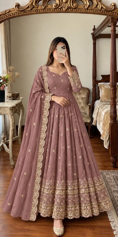 JF 059 Onion Fendy Silk Gown with Embroidery Work & Sequins Work. Special Price ₹2799. Delivery 4-6 Working Days. Shop now. | Bollywood Gowns, Creative Gowns, Designer Gowns, Embroidered Gowns, Gowns, Party Wear Gowns