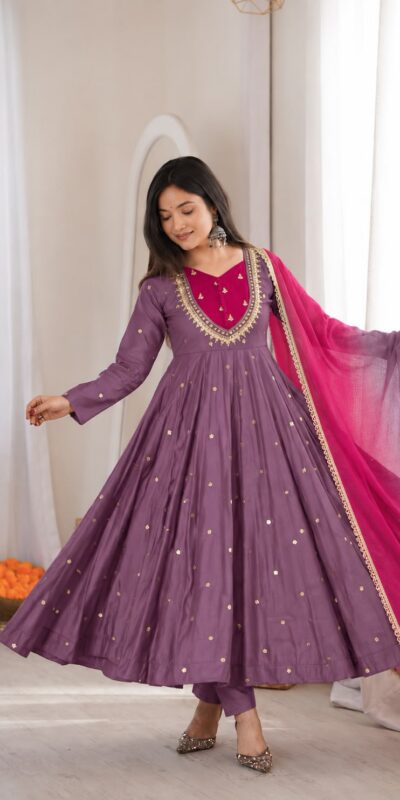 ZF 5023 Lavender Roman Silk Gown with Mirror Work & Embroidery Work. Special Price ₹2099. Delivery 4-6 Working Days. Shop now. | Bollywood Gowns, Creative Gowns, Designer Gowns, Embroidered Gowns, Gowns, Party Wear Gowns