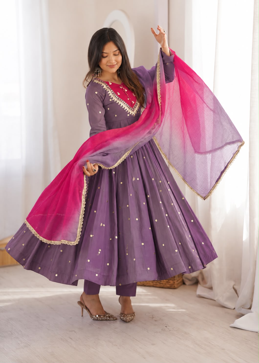 ZF 5023 Lavender Roman Silk Gown with Mirror Work & Embroidery Work. Special Price ₹2099. Delivery 4-6 Working Days. Shop now. | Bollywood Gowns, Creative Gowns, Designer Gowns, Embroidered Gowns, Gowns, Party Wear Gowns