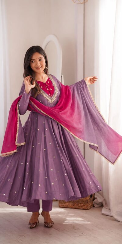 ZF 5023 Lavender Roman Silk Gown with Mirror Work & Embroidery Work. Special Price ₹2099. Delivery 4-6 Working Days. Shop now. | Bollywood Gowns, Creative Gowns, Designer Gowns, Embroidered Gowns, Gowns, Party Wear Gowns
