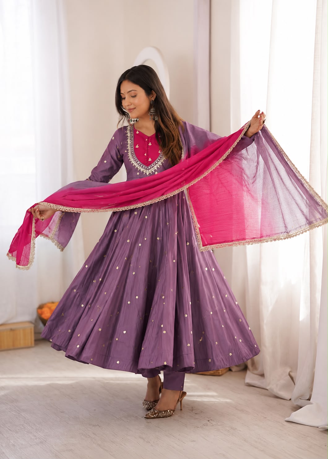 ZF 5023 Lavender Roman Silk Gown with Mirror Work & Embroidery Work. Special Price ₹2099. Delivery 4-6 Working Days. Shop now. | Bollywood Gowns, Creative Gowns, Designer Gowns, Embroidered Gowns, Gowns, Party Wear Gowns