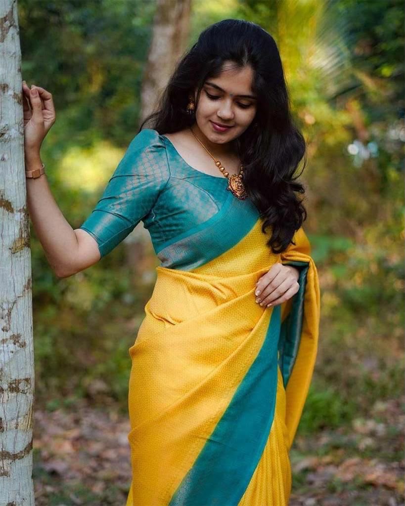 KP 5019 Yellow Soft Lichi Jacquard Work Saree for Wedding, Party, Cultural Events, Traditional Day, Pooja . Grab it for ₹1649. Delivery 4-6 Working Day | Bollywood Sarees, Creative Sarees, Designer Sarees, Embroidered Sarees, Ethnic Saree, Modern Digital sarees, Party Wear Sarees, Sarees