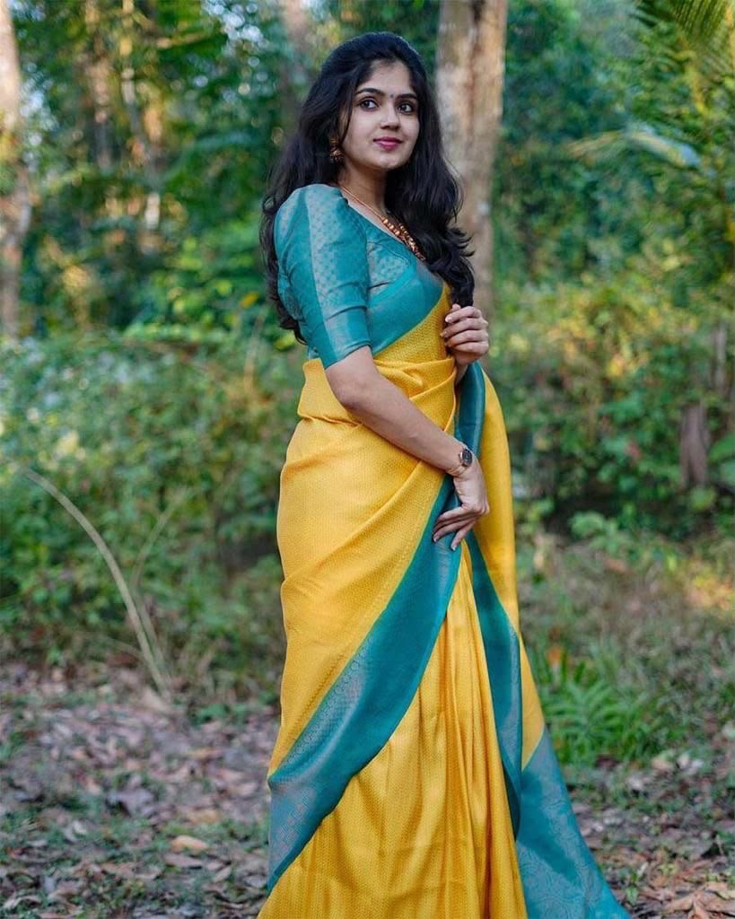 KP 5019 Yellow Soft Lichi Jacquard Work Saree for Wedding, Party, Cultural Events, Traditional Day, Pooja . Grab it for ₹1649. Delivery 4-6 Working Day | Bollywood Sarees, Creative Sarees, Designer Sarees, Embroidered Sarees, Ethnic Saree, Modern Digital sarees, Party Wear Sarees, Sarees