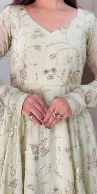 SRK 5374 Off White Fendy Silk Gown with Embroidery Work & Sequins Work. Special Price ₹2399. Delivery 4-6 Working Days. Shop now. | Bollywood Gowns, Creative Gowns, Designer Gowns, Embroidered Gowns, Gowns, Party Wear Gowns