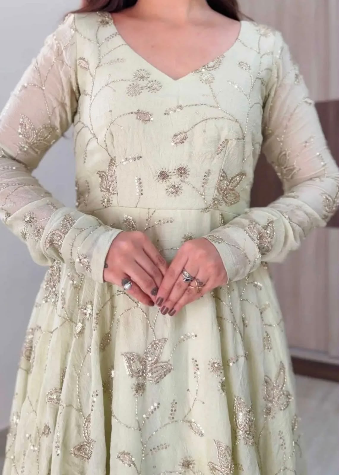SRK 5374 Off White Fendy Silk Gown with Embroidery Work & Sequins Work. Special Price ₹2399. Delivery 4-6 Working Days. Shop now. | Bollywood Gowns, Creative Gowns, Designer Gowns, Embroidered Gowns, Gowns, Party Wear Gowns
