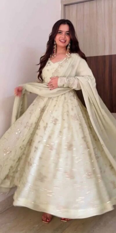 SRK 5374 Off White Fendy Silk Gown with Embroidery Work & Sequins Work. Special Price ₹2399. Delivery 4-6 Working Days. Shop now. | Bollywood Gowns, Creative Gowns, Designer Gowns, Embroidered Gowns, Gowns, Party Wear Gowns