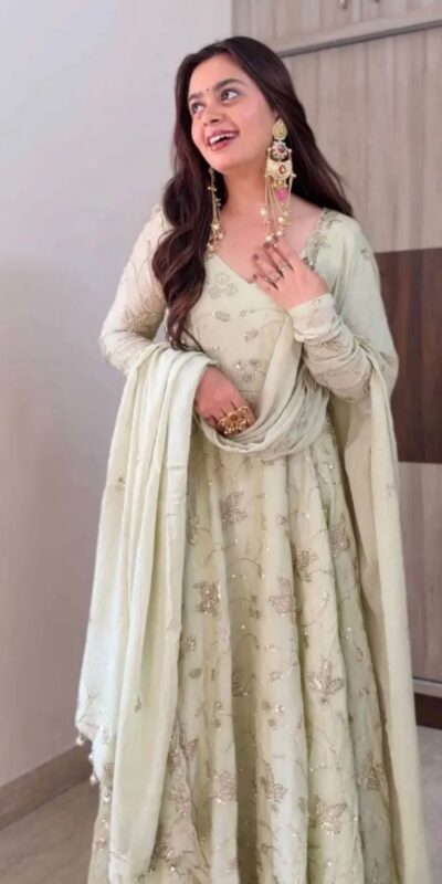 SRK 5374 Off White Fendy Silk Gown with Embroidery Work & Sequins Work. Special Price ₹2399. Delivery 4-6 Working Days. Shop now. | Bollywood Gowns, Creative Gowns, Designer Gowns, Embroidered Gowns, Gowns, Party Wear Gowns