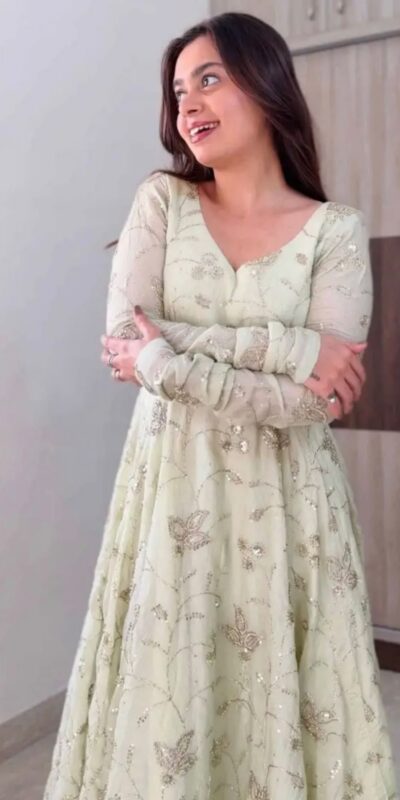 SRK 5374 Off White Fendy Silk Gown with Embroidery Work & Sequins Work. Special Price ₹2399. Delivery 4-6 Working Days. Shop now. | Bollywood Gowns, Creative Gowns, Designer Gowns, Embroidered Gowns, Gowns, Party Wear Gowns