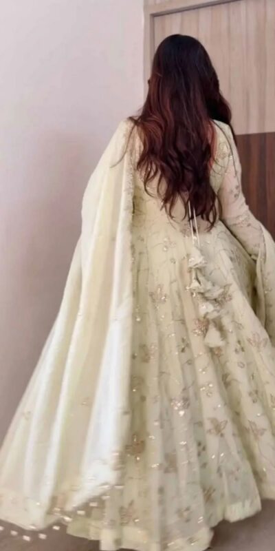 SRK 5374 Off White Fendy Silk Gown with Embroidery Work & Sequins Work. Special Price ₹2399. Delivery 4-6 Working Days. Shop now. | Bollywood Gowns, Creative Gowns, Designer Gowns, Embroidered Gowns, Gowns, Party Wear Gowns