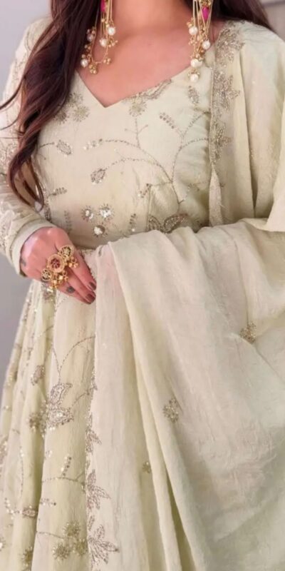 SRK 5374 Off White Fendy Silk Gown with Embroidery Work & Sequins Work. Special Price ₹2399. Delivery 4-6 Working Days. Shop now. | Bollywood Gowns, Creative Gowns, Designer Gowns, Embroidered Gowns, Gowns, Party Wear Gowns