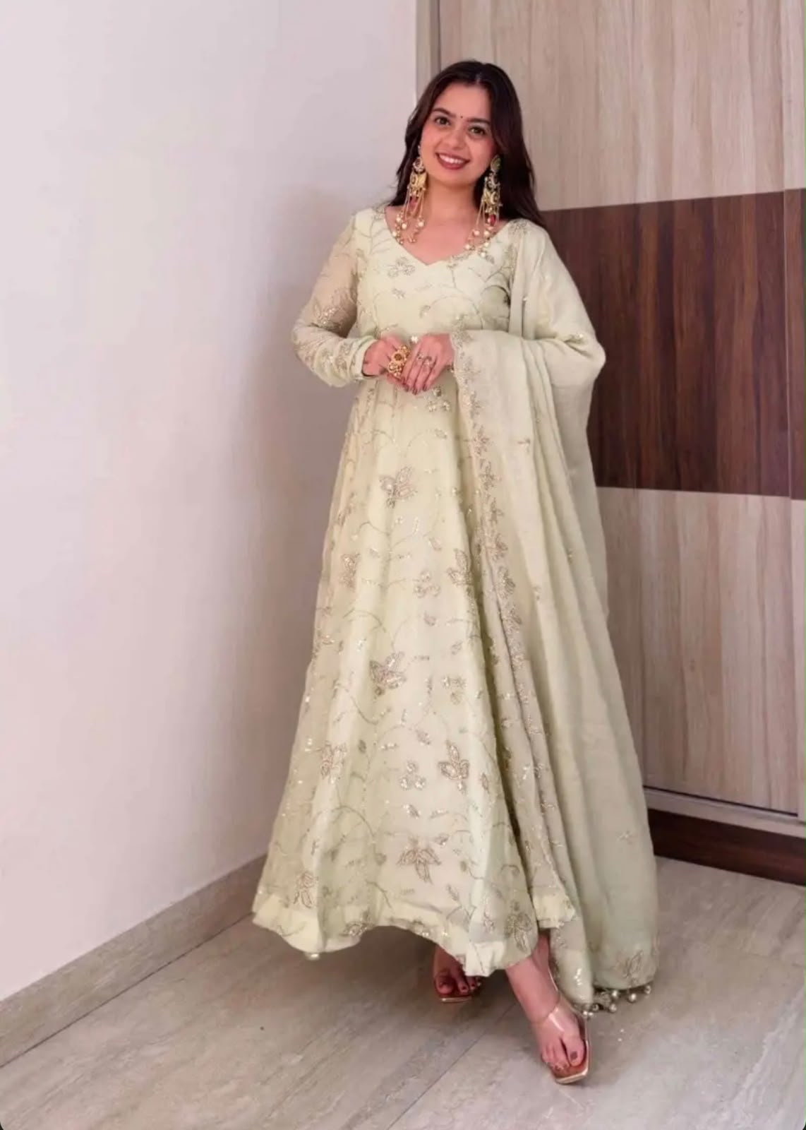 SRK 5374 Off White Fendy Silk Gown with Embroidery Work & Sequins Work. Special Price ₹2399. Delivery 4-6 Working Days. Shop now. | Bollywood Gowns, Creative Gowns, Designer Gowns, Embroidered Gowns, Gowns, Party Wear Gowns