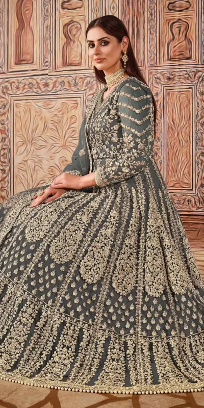 FC 2701 Grey Sequins Work & Embroidery Work Salwar Suitin Peach Butterfly Net. Grab it for ₹3149. Delivery 4-6 Working Days. Shop now. | Jump Suits, Straight Suits, Casual Suits, Creative suits, Designer Suits, Palazzo Suits, Party Wear Suits, Patiala Suits, Salwar suit
