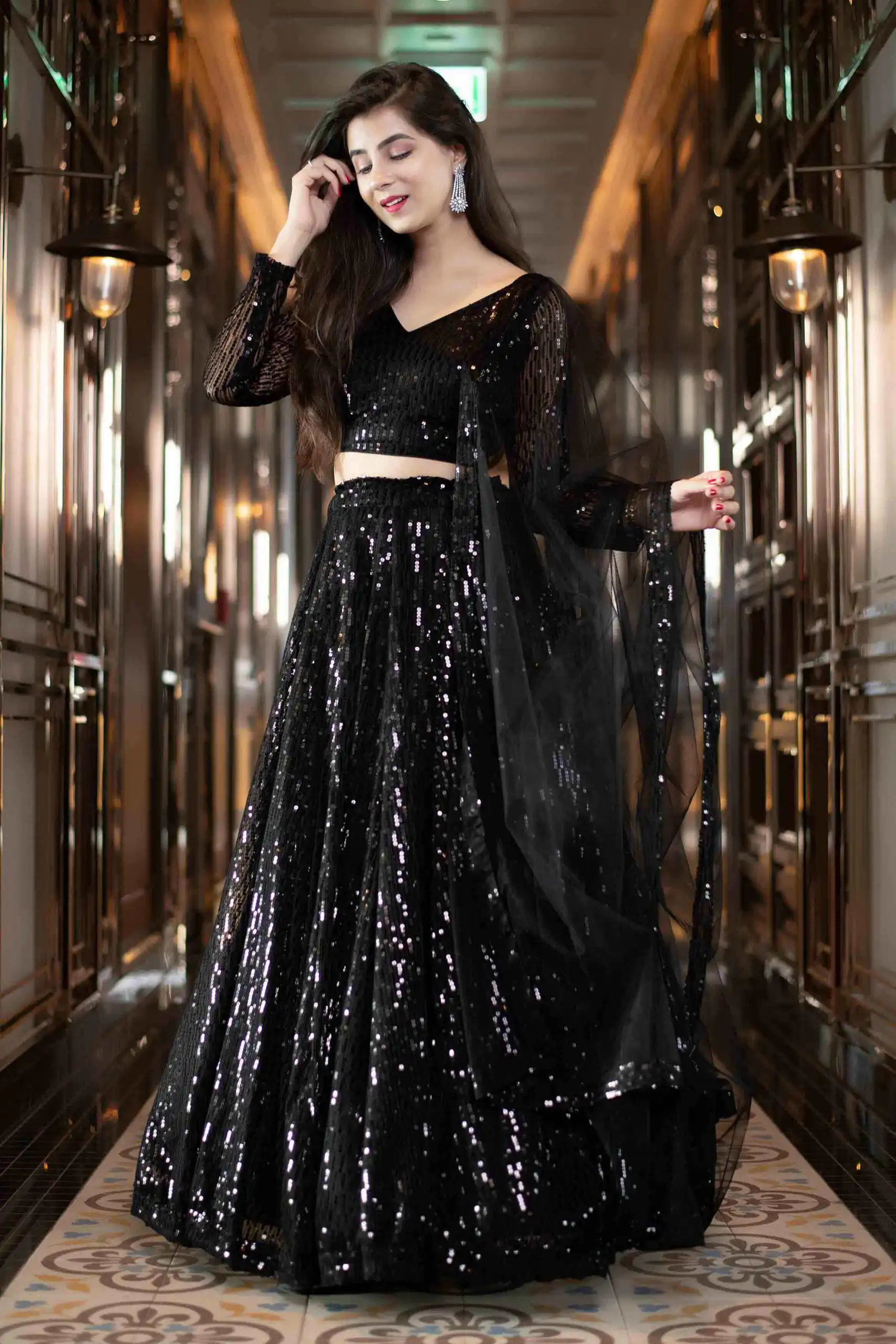 RC-190 Black Lehenga :- Fabric : Heavy Net With Thread Embroidery And Heavy Sequence Work. Blouse :- Fabric : Georgette With Sequence Work | Bollywood Lehenga, Creative Lehenga, Designer Lehenga, Embroidered Lehenga, Lehenga, Party Wear Lehenga