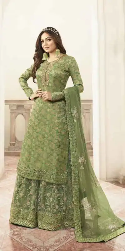 LT 5401 Green Top :- Heavy Jacquard Silk Georgette & Multi Work + Diamond Plazo :- Heavy Net & Multi Work + Diamond Rs 2499/- | Casual Suits, Creative suits, Designer Suits, Palazzo Suits, Party Wear Suits, Salwar suit, Straight Suits