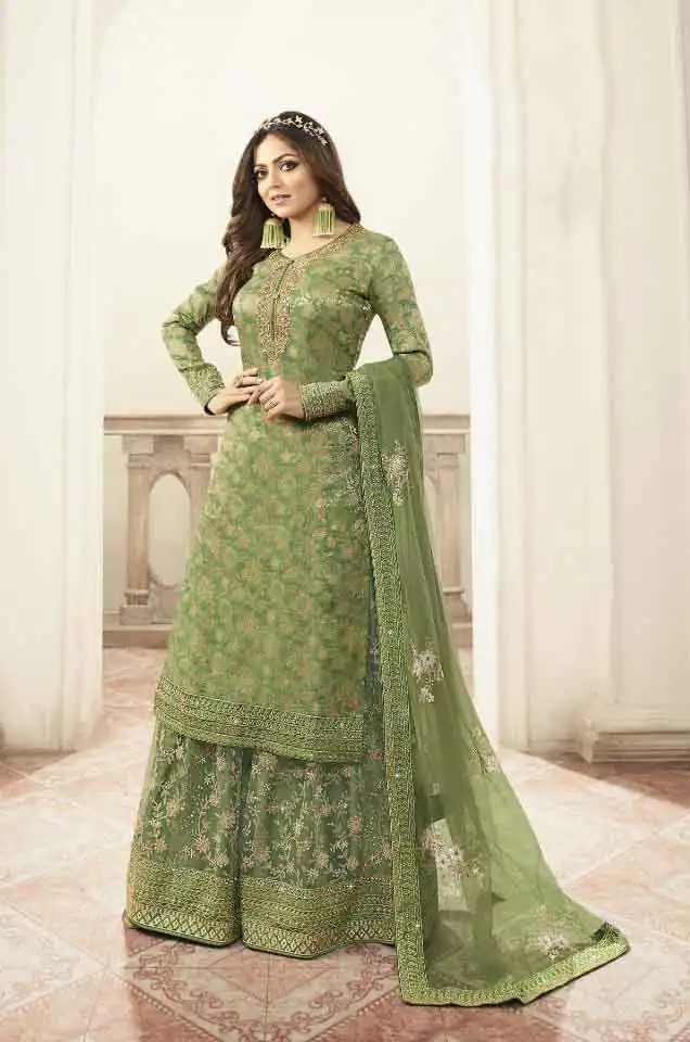 LT 5401 Green Top :- Heavy Jacquard Silk Georgette & Multi Work + Diamond Plazo :- Heavy Net & Multi Work + Diamond Rs 2499/- | Casual Suits, Creative suits, Designer Suits, Palazzo Suits, Party Wear Suits, Salwar suit, Straight Suits