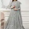 Pleasing Grey Color Butterfly Net With Multi Work Anarkali