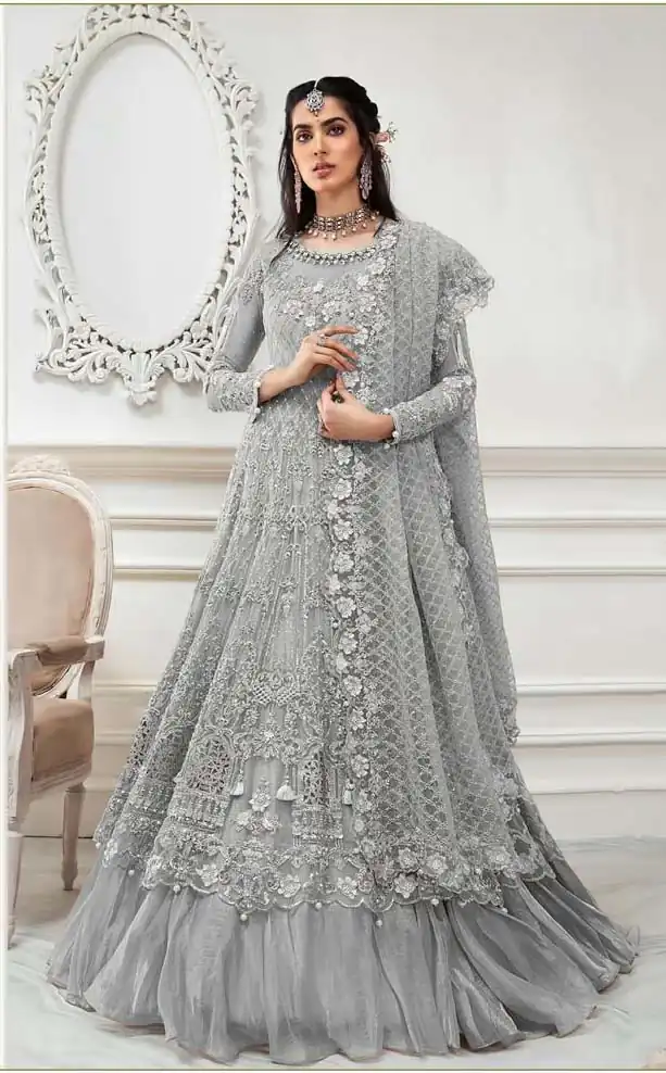 AGF Ramsha R 244 Grey Top :- Heavy Butterfly Net Work :- Embroidery With Multi Work Bottom :- Dull Santoon Wedding, Party, Festive @2249 | Anarkali Suits, Bollywood Anarkali, Creative-Anarkali, Designer Anarkali, Embroidered Anarkali, Party Wear Anarkali