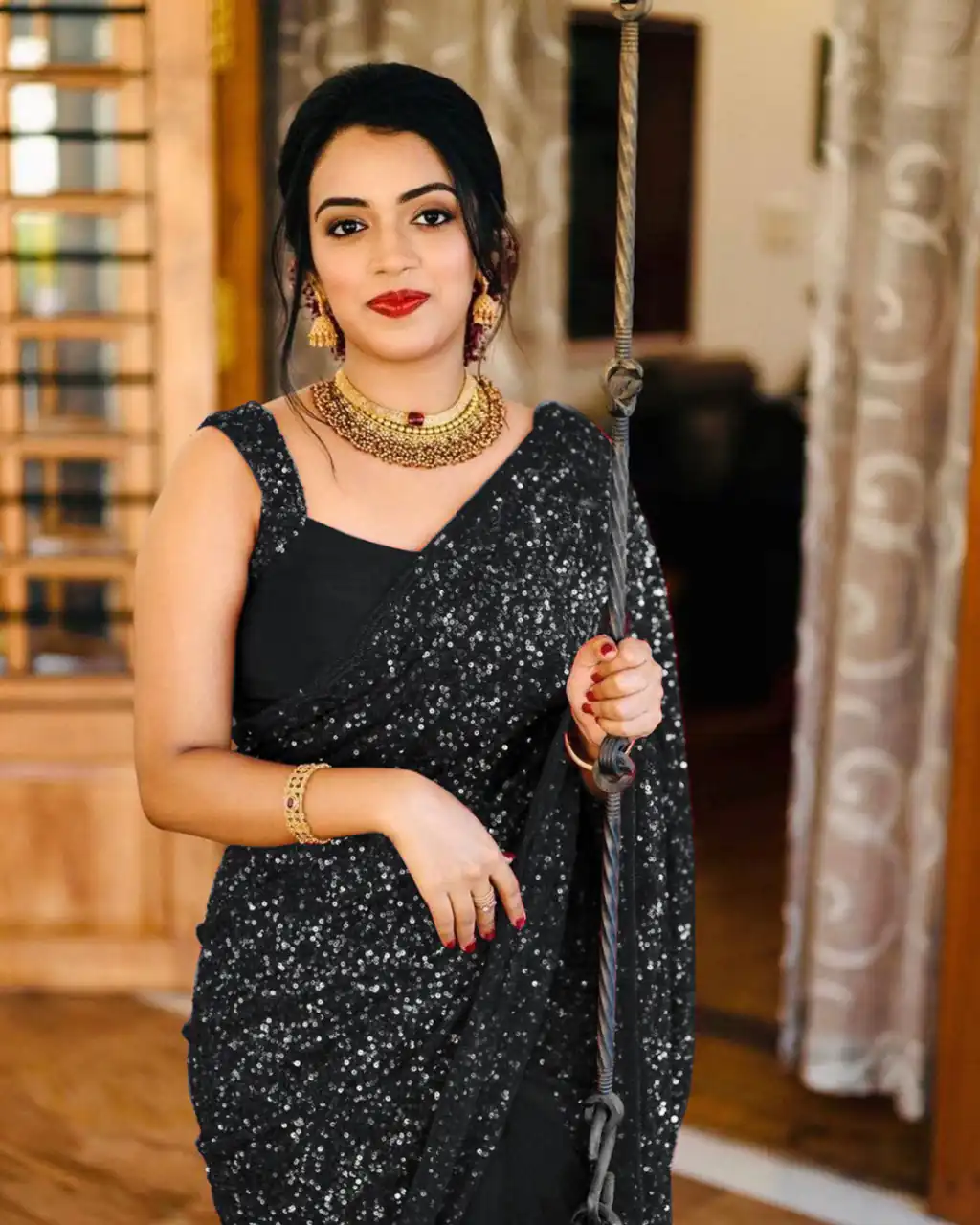 KT 152 Black Saree Fabrics : Georgette Saree Work : Heavy Sequence Blouse Fabrics : Georgette With Silk Inner Work : Sequence Work Sleeves  | Bollywood Sarees, Creative Sarees, Designer Sarees, Embroidered Sarees, Party Wear Sarees, Sarees
