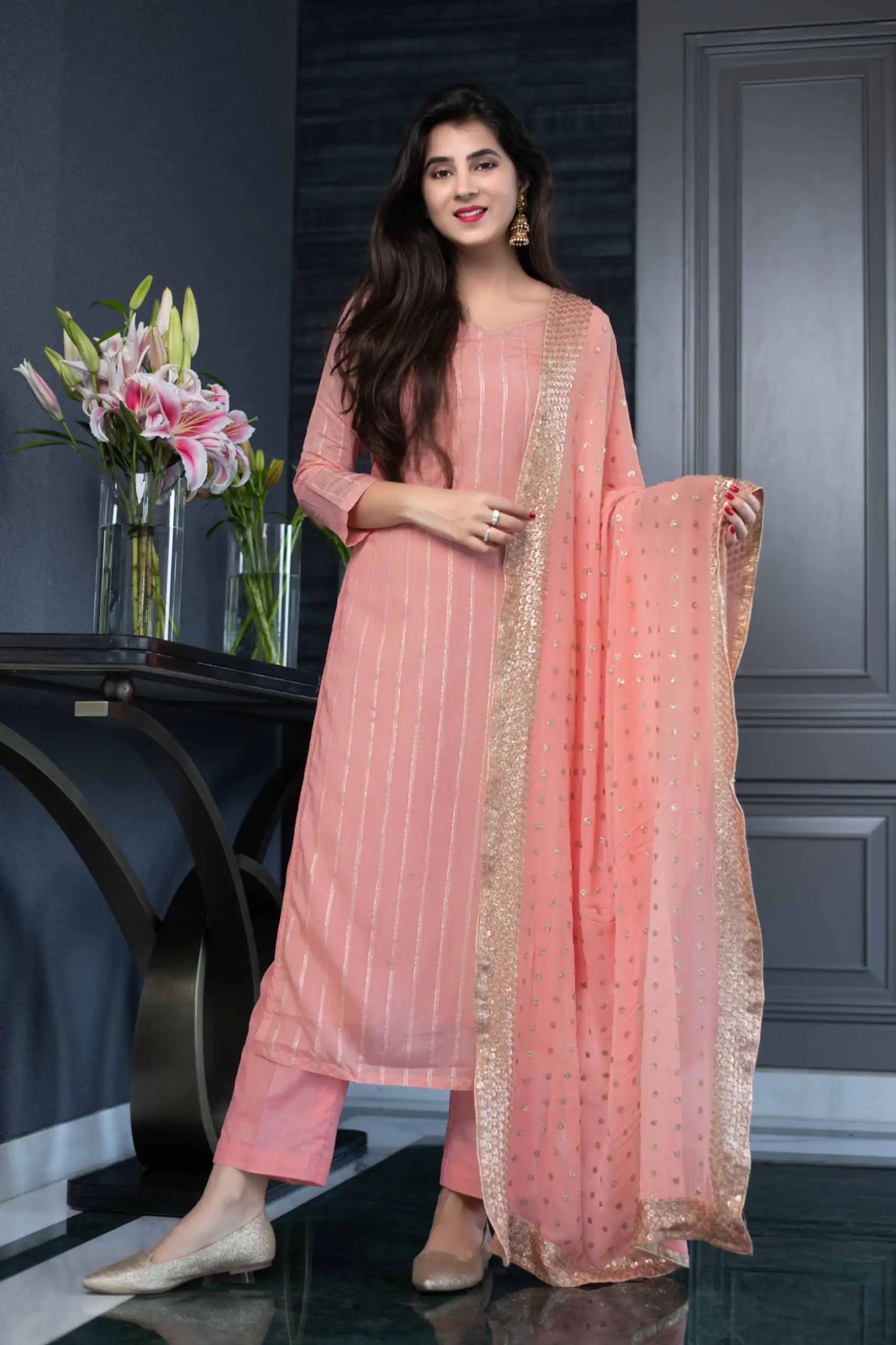 RTC5233 Orange Top: Heavy Georgette Bottom: Crepe Silk Work: Heavy Sequence Dupatta: Heavy Georgette Party, Casual, Wedding @1449 | Casual Suits, Creative suits, Designer Suits, Palazzo Suits, Party Wear Suits, Salwar suit, Straight Suits