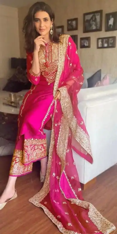 Beautiful Karishma Tanna Pink Taffeta Embroidery Salwar Suit