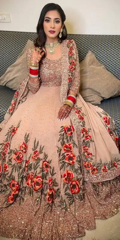 NSR 1251 Orange Gown : Georgette Bottom : Micro Cotton Work : Embroidery Sequences Work With Diamond Wedding, Party, Festive,@1699/- Only | Bollywood Gowns, Creative Gowns, Designer Gowns, Embroidered Gowns, Gowns, Party Wear Gowns, Party Wear Suits