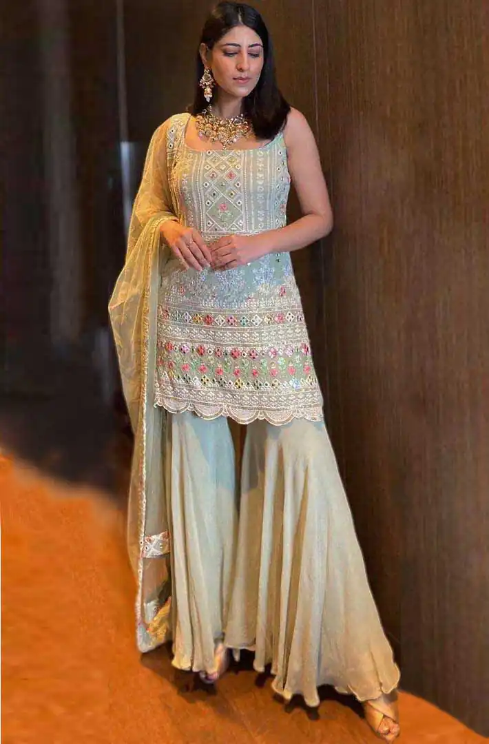 KD 1045 Light Green Top : Georgette Sharara : Georgette Work :Embroidery Thread Work Wedding, Party, Festive,@1799/- Only | Casual Suits, Creative suits, Designer Suits, Palazzo Suits, Party Wear Suits, Salwar suit, Straight Suits