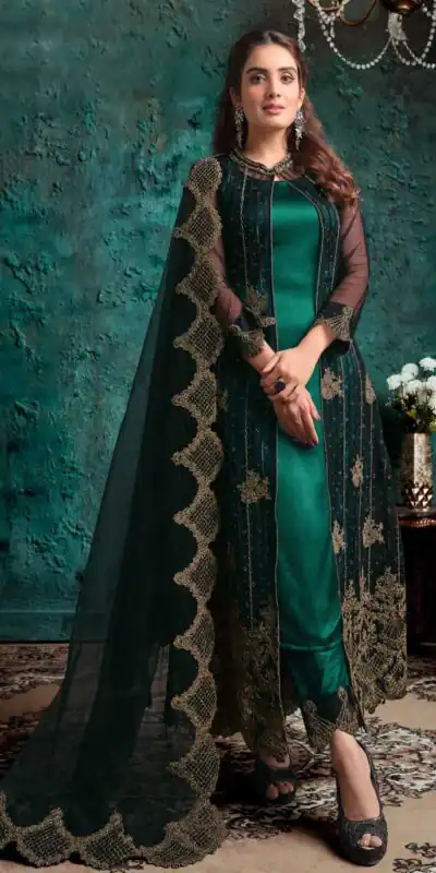 Vipul 4631 Green Top : Heavy Vaishnavi Net Bottom : Satin Dupatta : Vaishnavi Net Work : Heavy Embroidery Coding With Diamond Work @2599/- | Casual Suits, Creative suits, Designer Suits, Palazzo Suits, Party Wear Suits, Salwar suit, Straight Suits