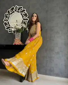 NSR 555 Yellow Jumpsuit : Heavy Faux Georgette Work : Heavy Embroidery With Sequin Work Flair : Each Leg 1.5 M Casual, Party @1699/- | Jump Suits, Casual Suits, Creative suits, Designer Suits, Palazzo Suits, Party Wear Suits, Salwar suit, Straight Suits
