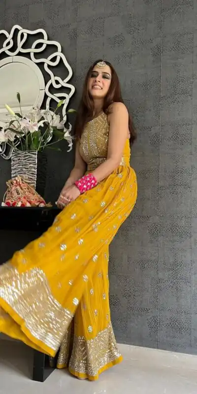 NSR 555 Yellow Jumpsuit : Heavy Faux Georgette Work : Heavy Embroidery With Sequin Work Flair : Each Leg 1.5 M Casual, Party @1699/- | Jump Suits, Casual Suits, Creative suits, Designer Suits, Palazzo Suits, Party Wear Suits, Salwar suit, Straight Suits