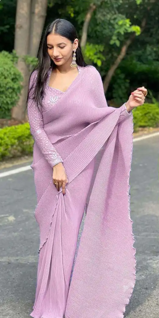 DF Pleated Baby Pink Saree : Georgette Work : Pleating Work On All Over Saree Blouse : Heavy Georgette Party Wear, Festive @1799/- | Bollywood Sarees, Creative Sarees, Designer Sarees, Embroidered Sarees, Party Wear Sarees, Sarees