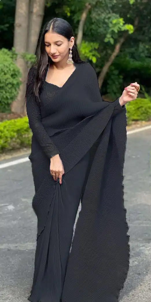 DF Pleated Black Saree : Georgette Work : Pleating Work On All Over Saree Blouse : Heavy Georgette Party Wear, Festive @1799/- | Bollywood Sarees, Creative Sarees, Designer Sarees, Embroidered Sarees, Party Wear Sarees, Sarees